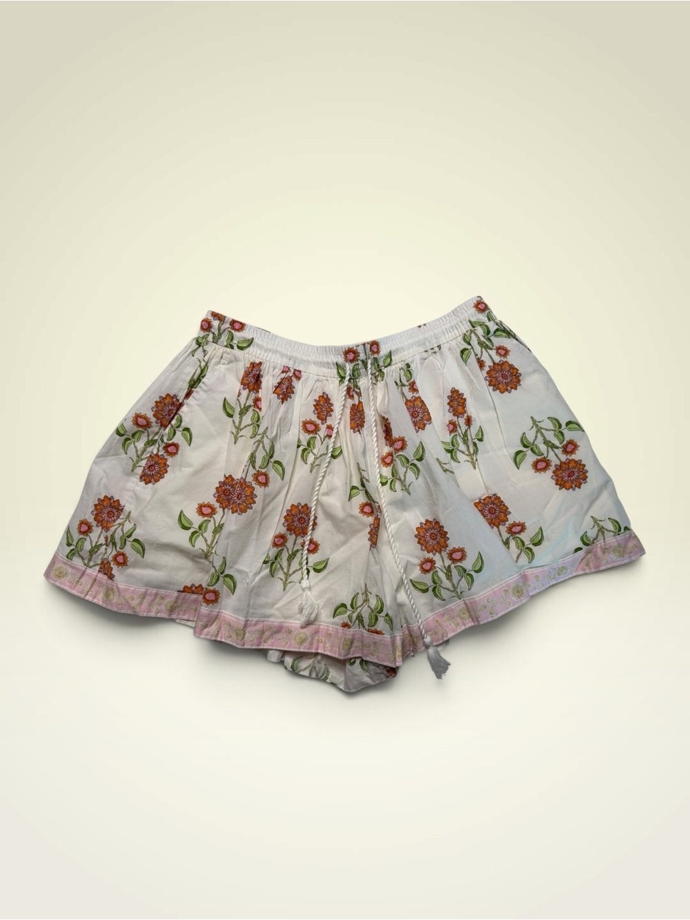 Old Navy White Floral Drawstring Shorts with Pink Trim